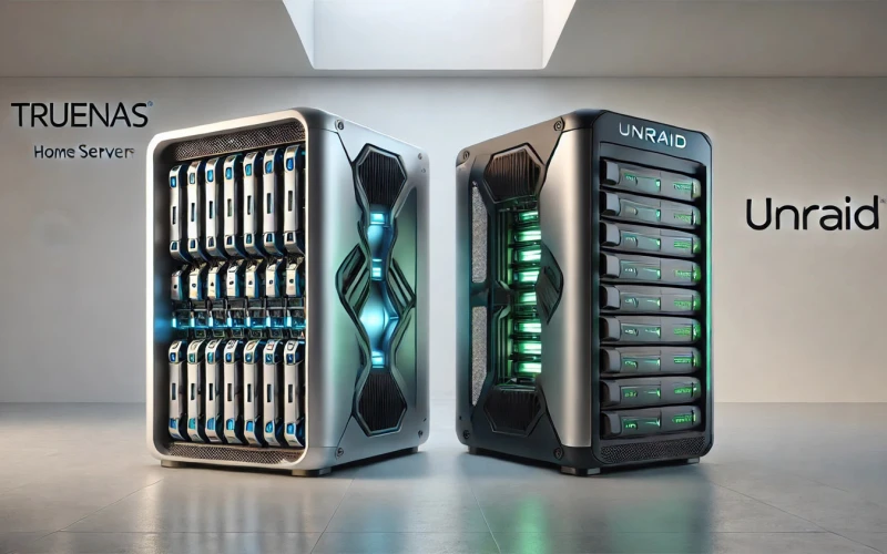 A side-by-side comparison of two home server operating systems, TrueNAS and Unraid, depicted as futuristic server machines in a minimalist and modern